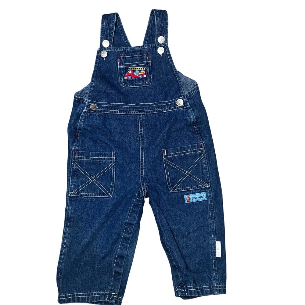 Vintage denim embroidered fire truck fire dept boys blue overalls sz 24 months